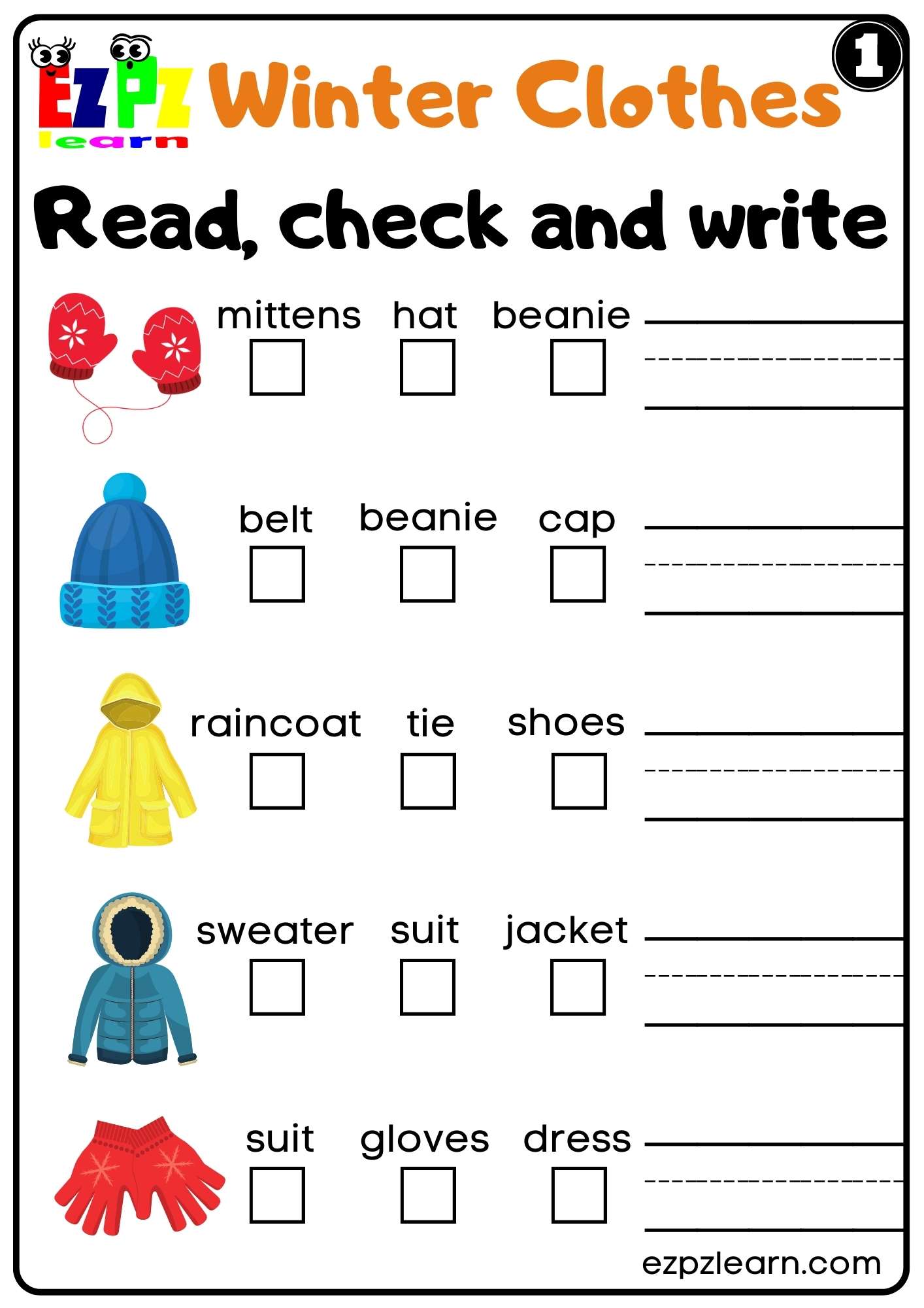 Winter Clothes Read Check and Write Worksheet for K5 and ESL PDF Download Set 1